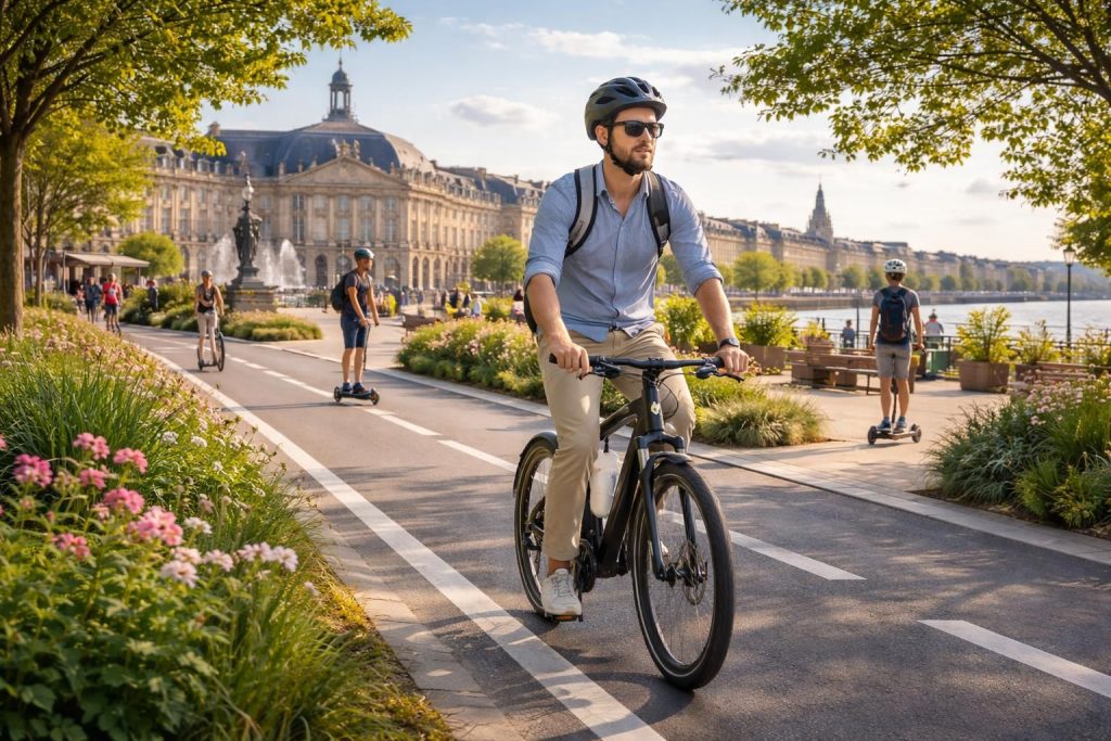 Sports urbains écologiques et mobilité verte avec vélo électrique à Bordeaux pour déplacements