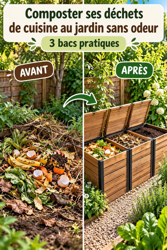Système de compostage dans un jardin arrière à Bordeaux, sans odeurs