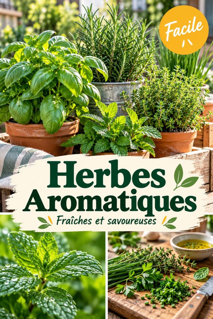 Un jardin d'herbes aromatiques luxuriant en Gironde avec diverses plantes en pots et en pleine terre.
