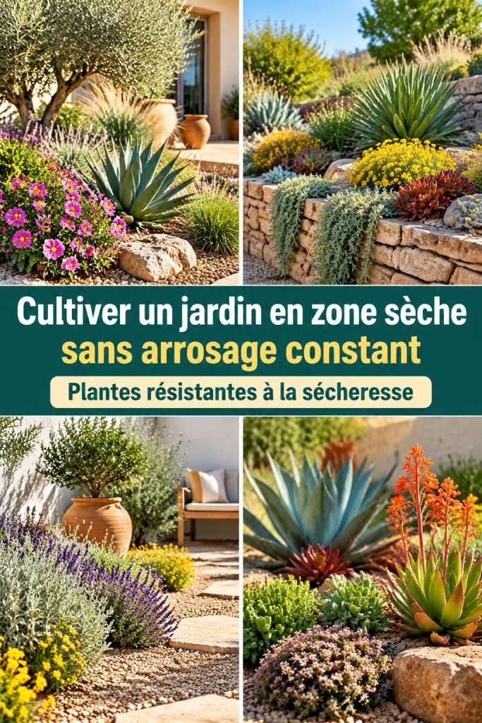 Diverse plantes adaptées à un jardin en zone sèche, cultivées sans arrosage constant